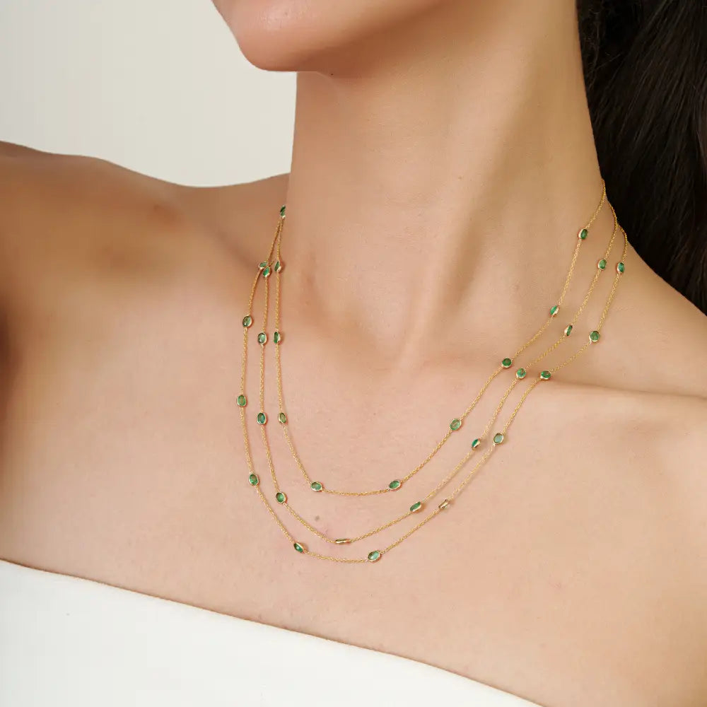 Luxury Women's Emerald Gemstone Triple Layer Station Chain Necklace 14K Yellow Gold