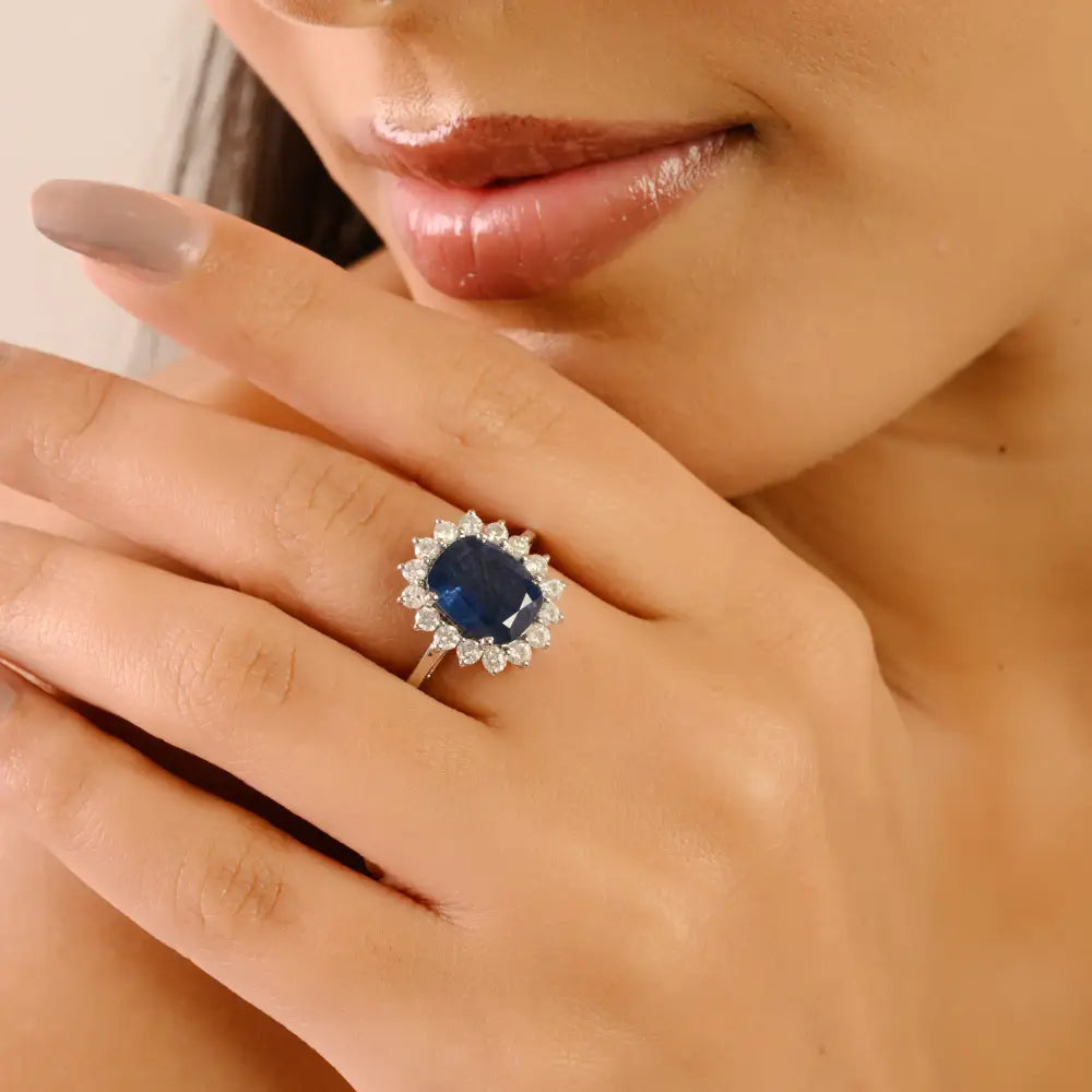 Top Quality 14K Real White Gold Blue Sapphire & Diamond Cluster Engagement Ring Women