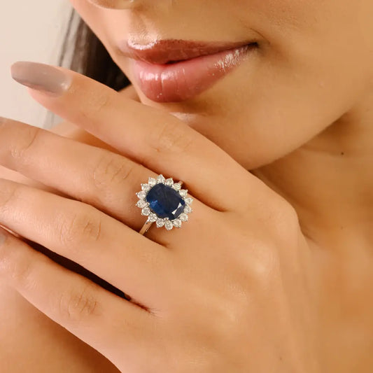 Top Quality 14K Real White Gold Blue Sapphire & Diamond Cluster Engagement Ring Women