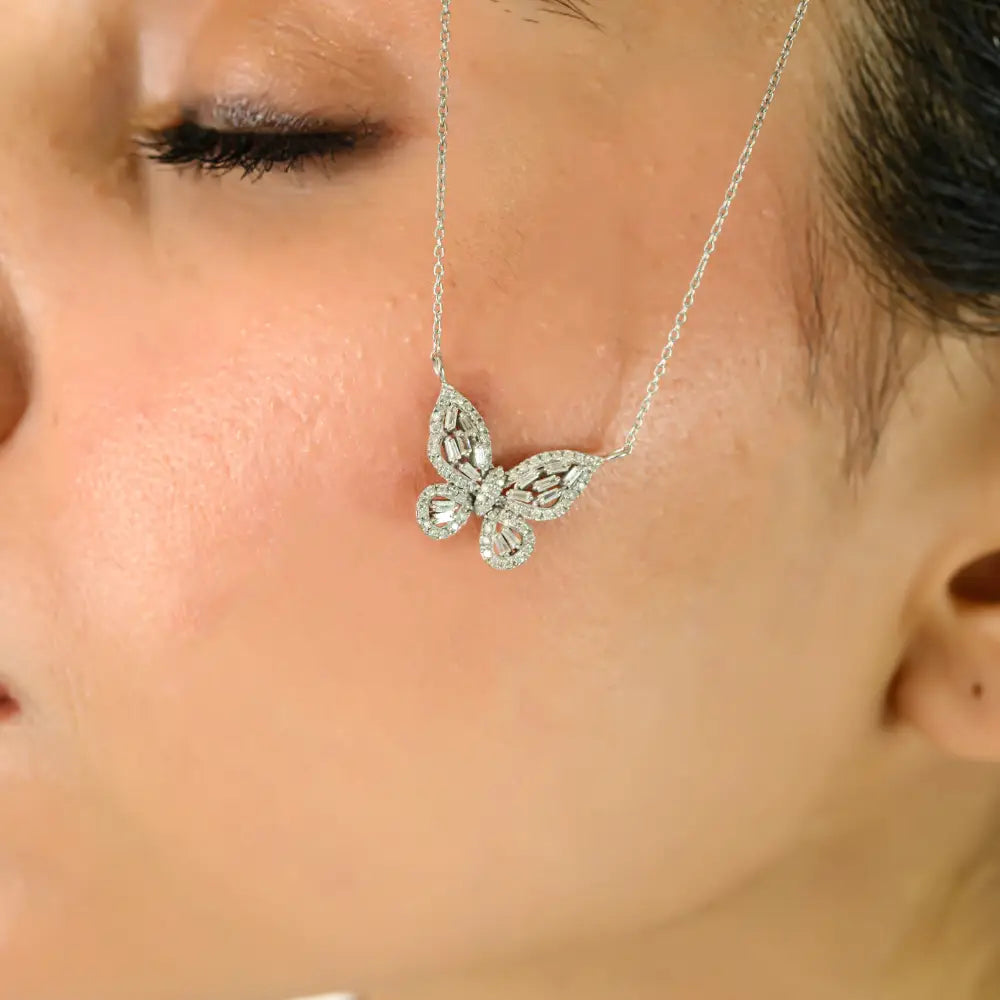 Natural Diamond Real 14K White Gold Butterfly Pendant Necklace Wedding Statement Jewelry