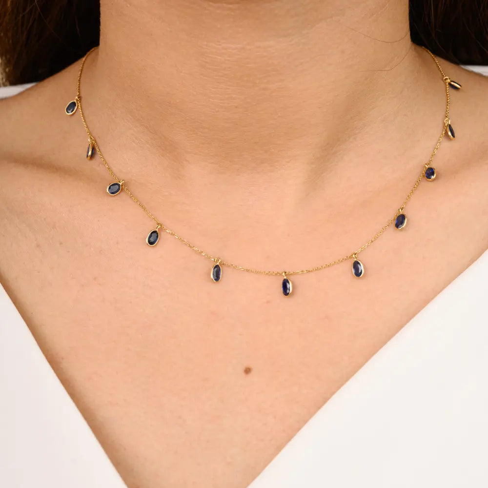 Real Gemstone Jewelry 18K Yellow Gold Blue Sapphire Long Chain Necklace