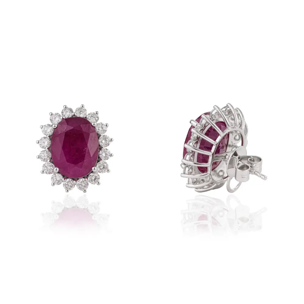 18.91ct. Ruby & Diamond Statement Cluster Stud Earrings Solid 14K White Gold Custom Jewelry