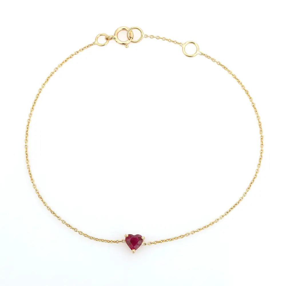 Tiny Heart Shape Ruby Prong Set Single Stone Bracelet 14K Yellow Gold Valentine Gift