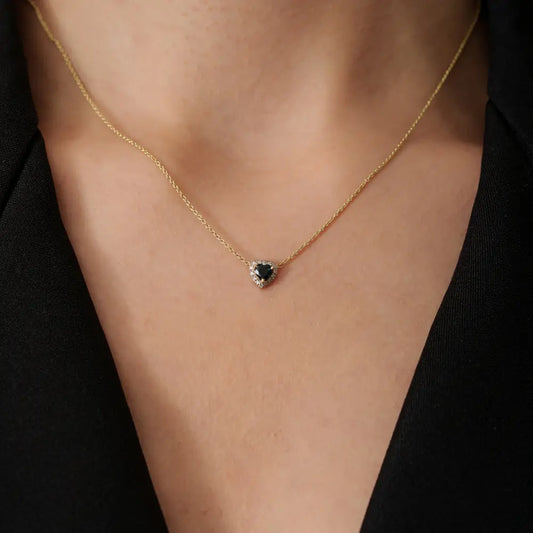 Dainty Minimalist Heart Shape Blue Sapphire & Diamond Halo Pendant Necklace 14K Gold