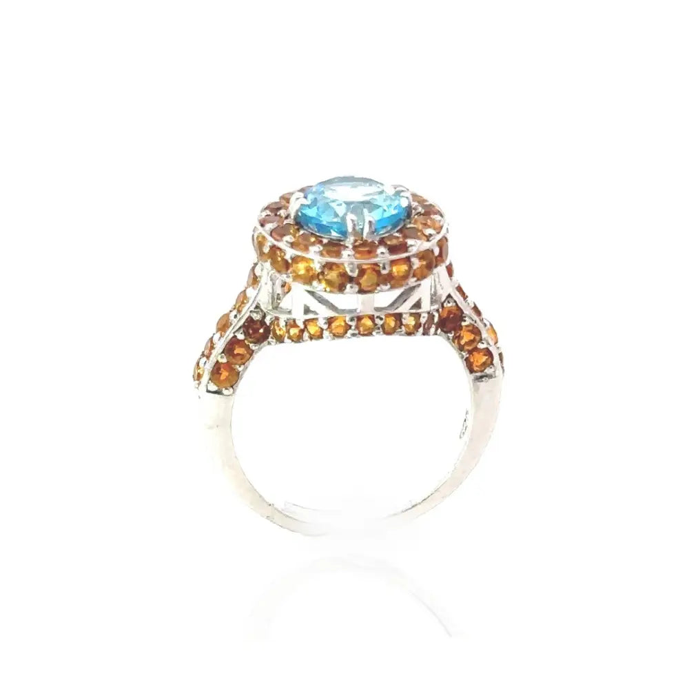 Fine Blue Topaz & Citrine Round Shape Gemstone Ring New Jewelry Collection 925 Sterling Silver