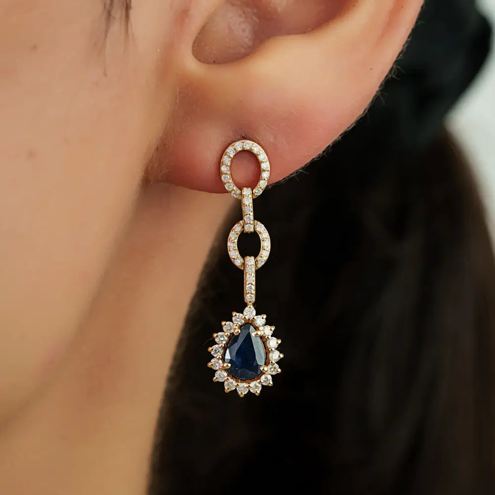 Unique Design Blue Sapphire & Diamond Cluster Link Dangle Earrings 14K Yellow Gold Jewelry