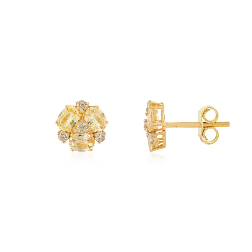 Minimal Simple Design 14K Solid Gold Yellow Sapphire & Diamond Three Stone Stud Earrings