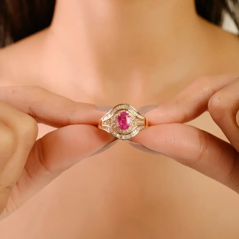 Prong Setting Ruby & Diamond 14K Solid Yellow Gold Vintage Gemstone Ring Wedding Jewelry