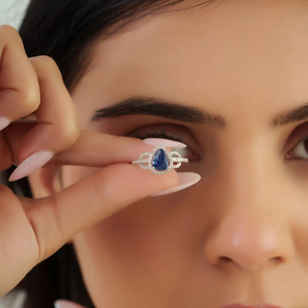 14K Real White Gold Blue Sapphire & Diamond Statement Ring Latest Design Jewelry Supplier