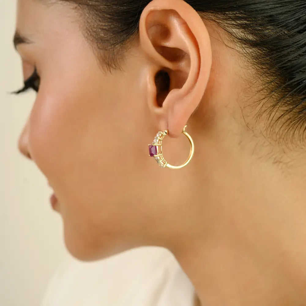 K14 Solid Yellow Gold Trending Ruby & Diamond Hoop Earrings For Women Girl Gifting Jewelry