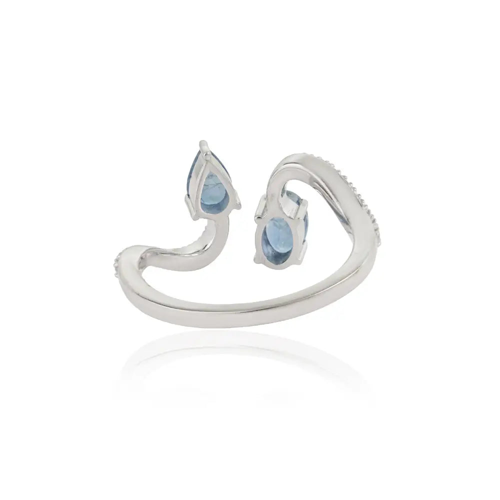 14K Real White Gold Blue Sapphire & Diamond Wavy Open Toi et Moi Ring Wedding Jewelry
