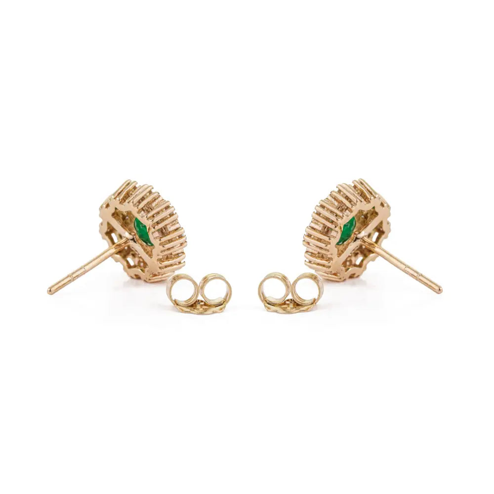 Flower Inspired Round Cut Emerald & Diamond Pure 14K Yellow Gold Stud Earrings For Girls