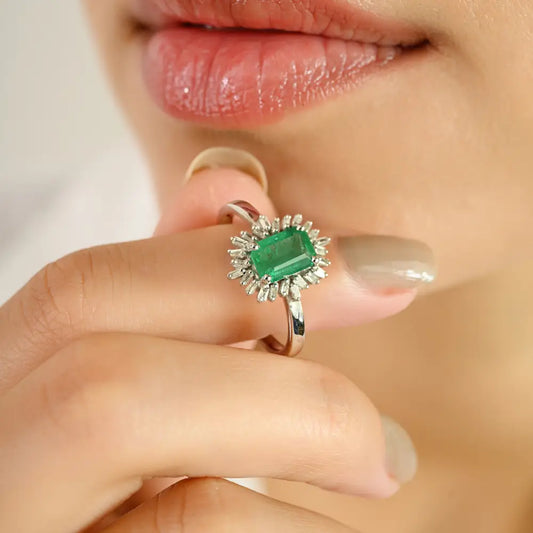 Unique Design Handmade Emerald & Diamond 14K Real White Gold Cluster Ring Fine Jewelry