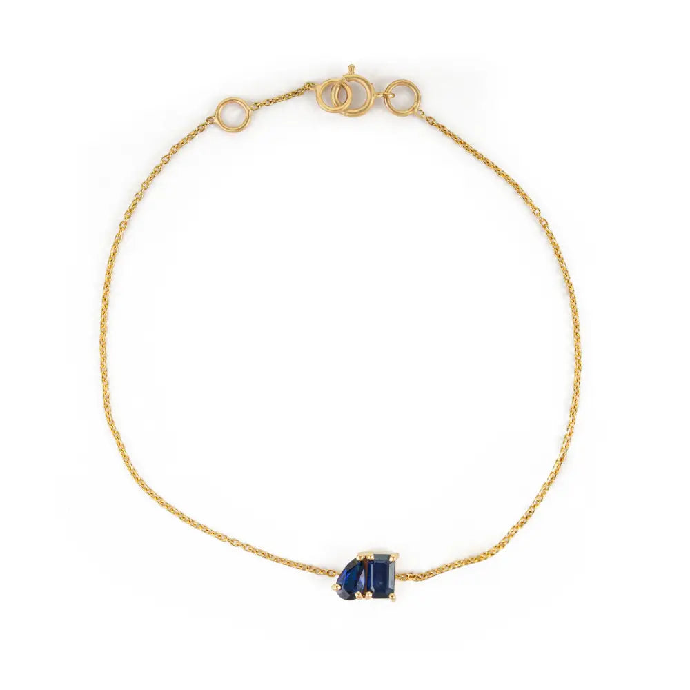 Prong Set Blue Sapphire Gemstone Toi et Moi Bracelet Minimal Jewelry Pure K14 Yellow Gold
