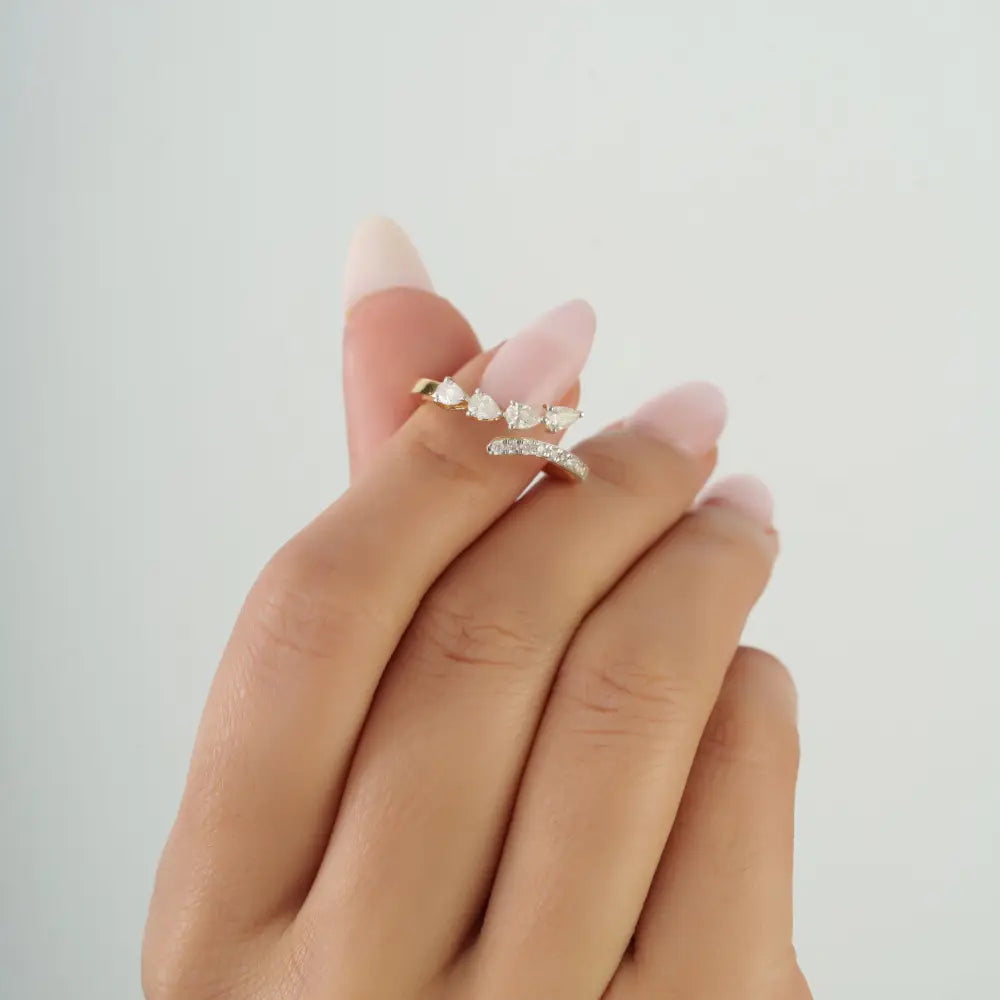 Minimal Unique Design Real Diamond Stacking Bypass Ring Custom 14K Yellow Gold Jewelry