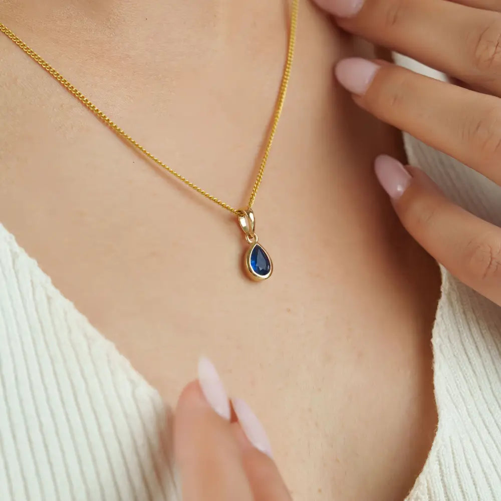 14K Yellow Gold Bezel Set Blue Sapphire Teardrop Shape Minimal Pendant Everyday Wear