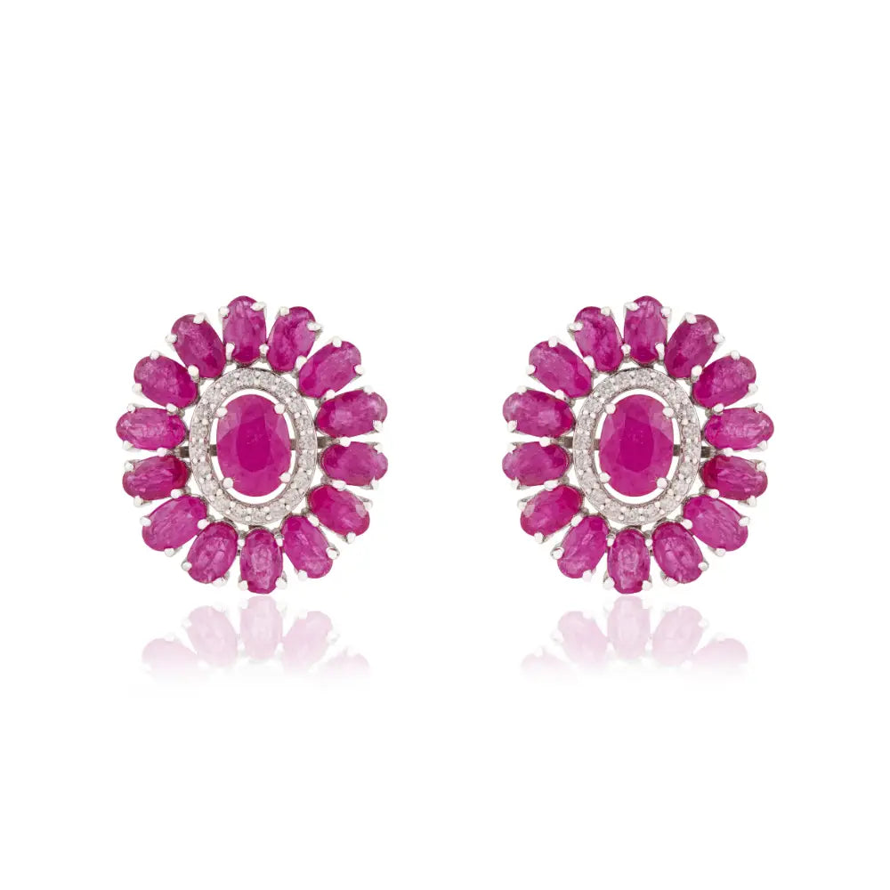 July Birthstone Ruby & Diamond Halo Big Flower Stud Earrings For Women 14K White Gold