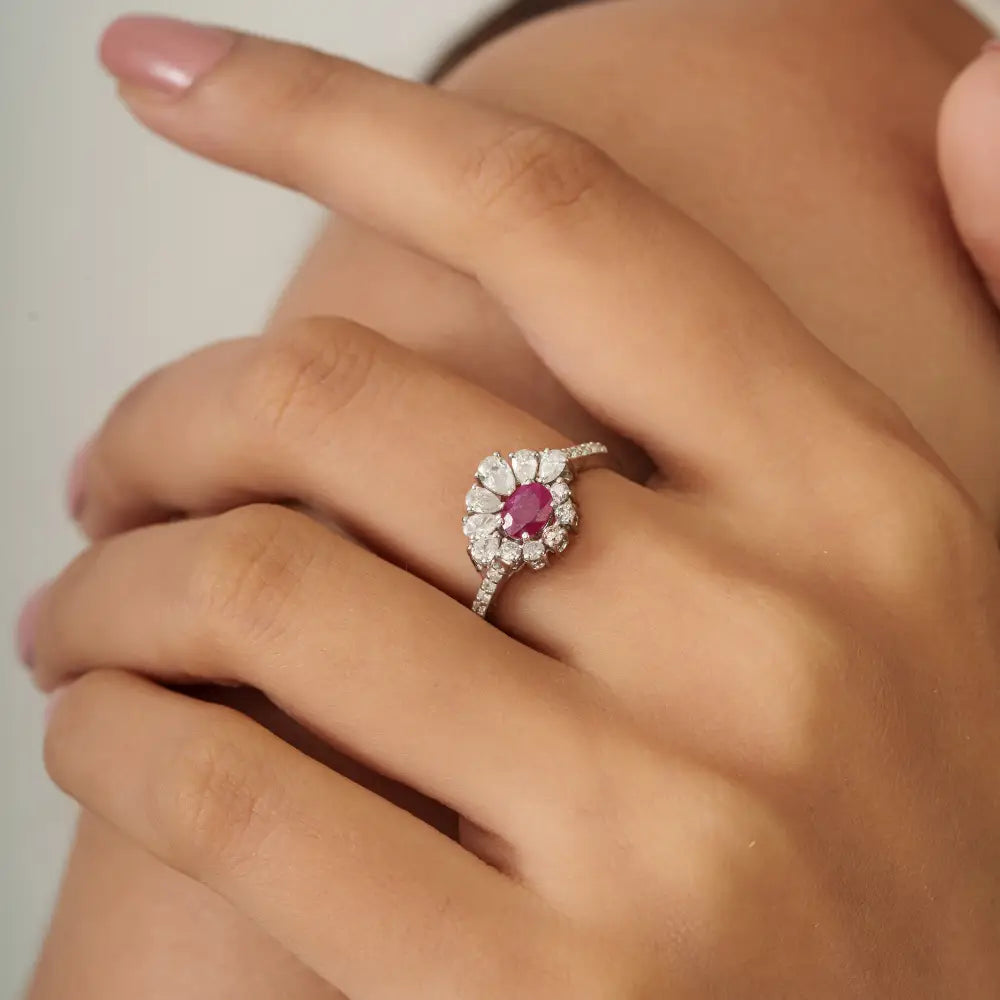 Precious Gemstone Ruby & Diamond Engagement Ring Solid K18 White Gold Wedding Jewelry