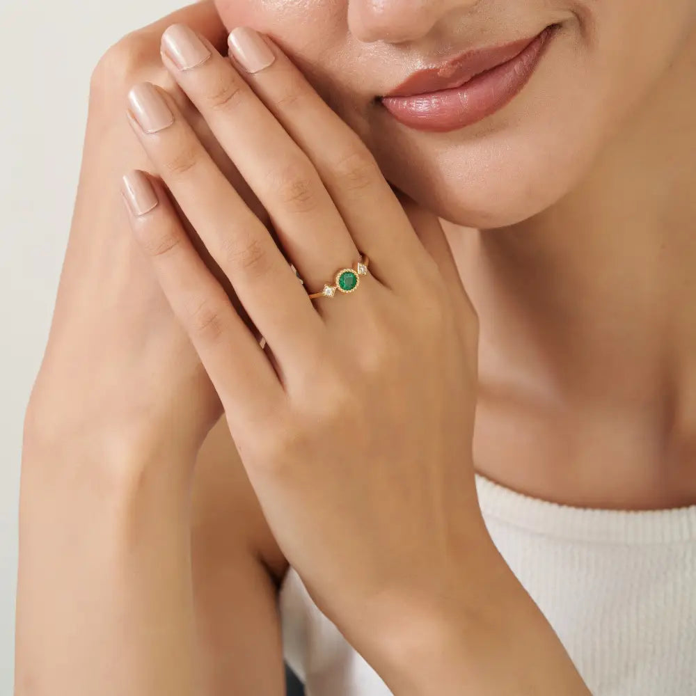 Dainty Emerald & Diamond K14 Pure Yellow Gold Three Stone Ring Stacking Jewelry For Women