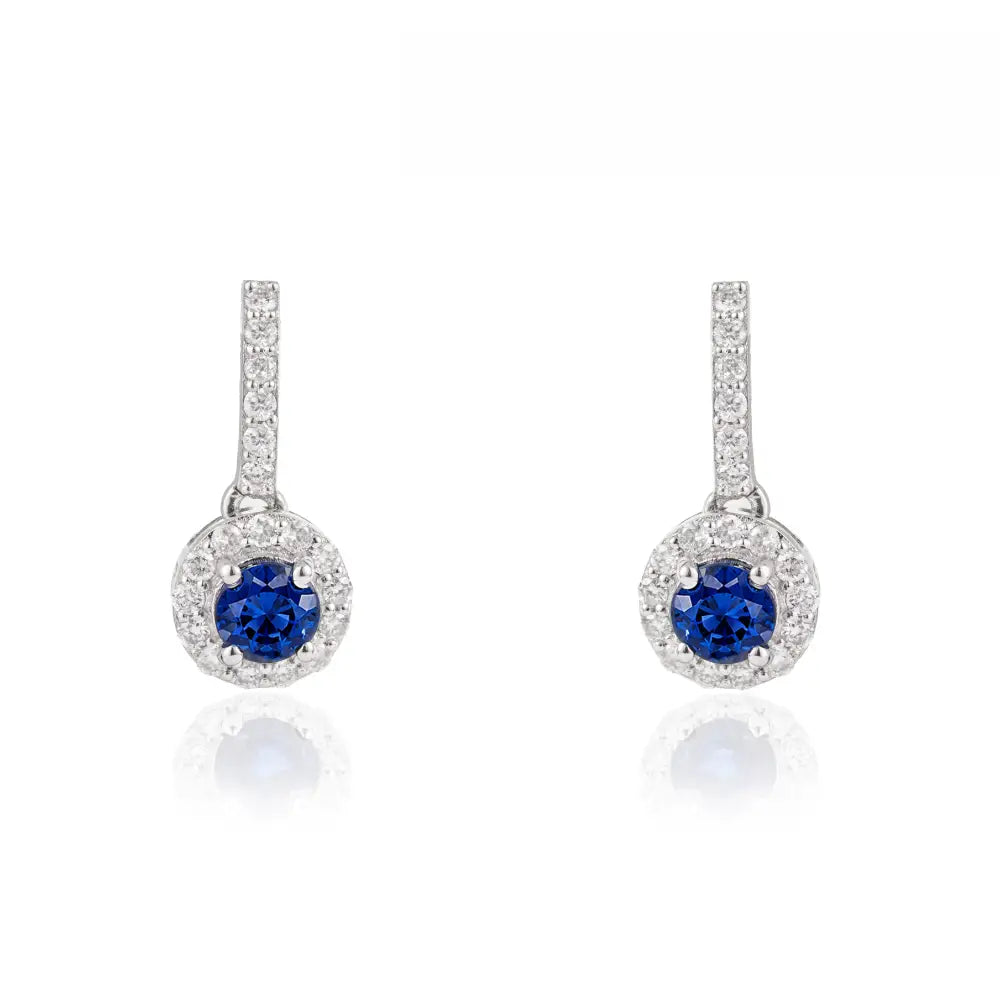 Real 14K White Gold Blue Sapphire & Diamond Minimal Halo Drop Earrings Everyday Wear Jewelry