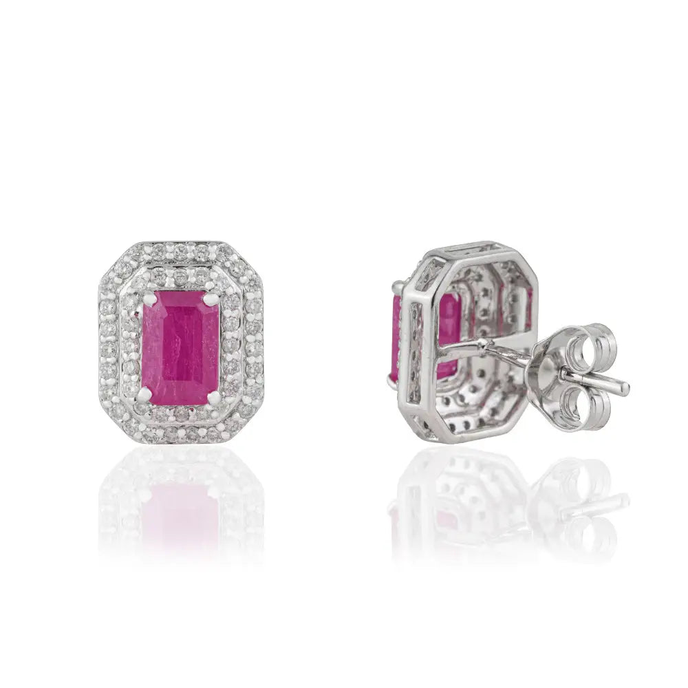 100% Authentic Ruby & Diamond Solid K14 White Gold Double Cluster Stud Earrings Gift For Mom