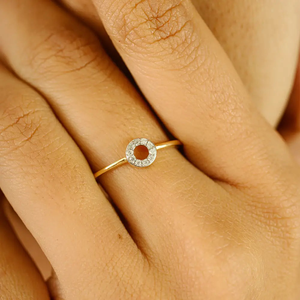 Delicate Minimalist Real Diamond 14K Pure Yellow Gold Open Halo Circle Ring Daily Wear Jewelry