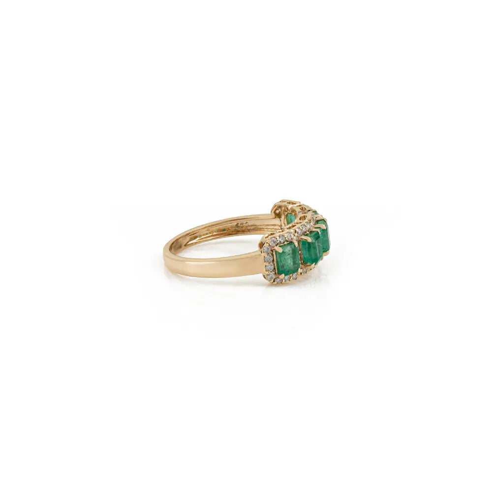 Natural Zambian Emerald & Diamond 14K Real Yellow Gold Halo Half Eternity Band Ring