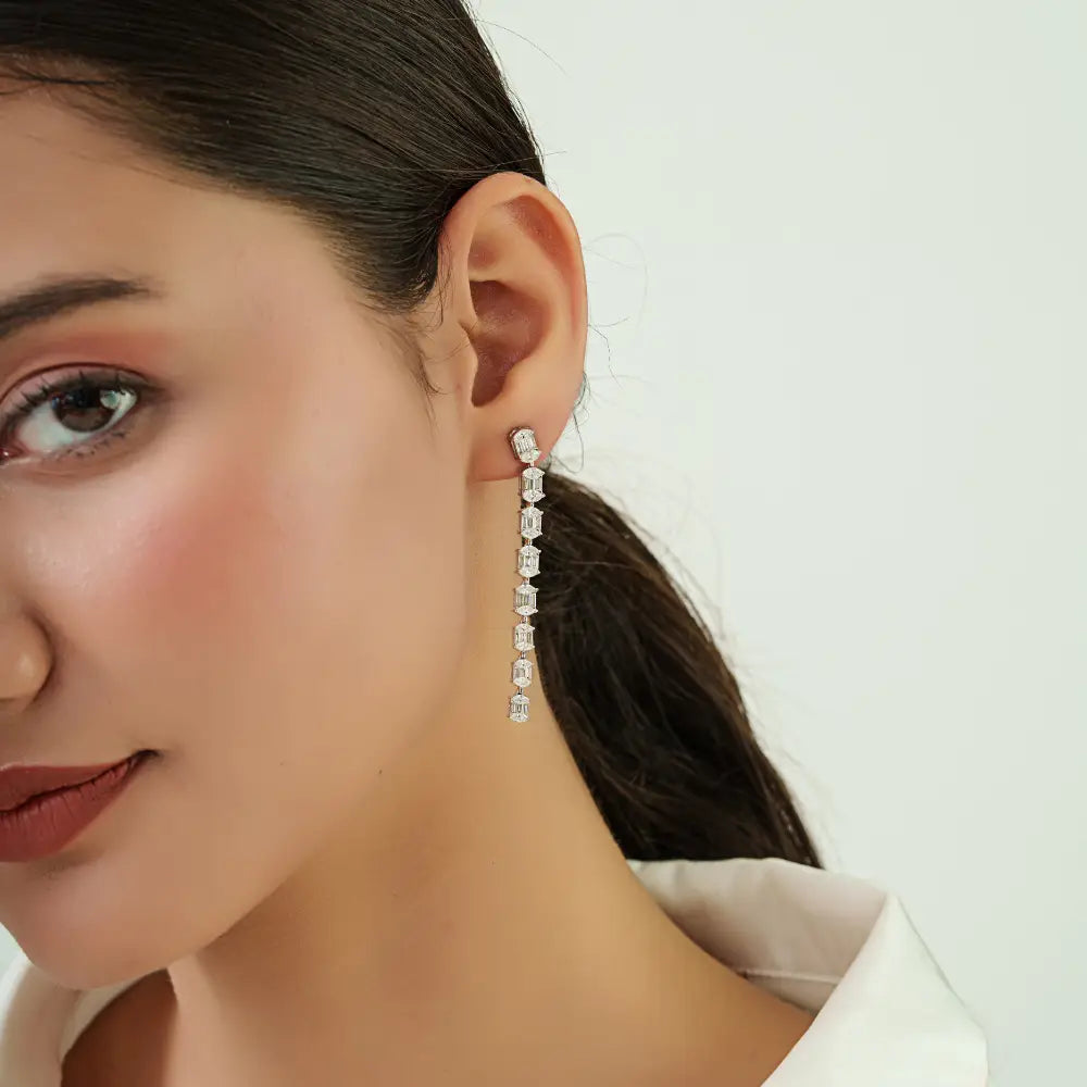 Luxurious 14K White Gold Natural Diamond Long Dangle Earrings Statement Bridal Jewelry