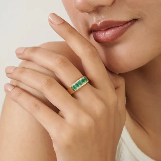 Real Emerald Gemstone & Diamond K14 Yellow Gold Wedding Band Ring Latest Design Jewelry