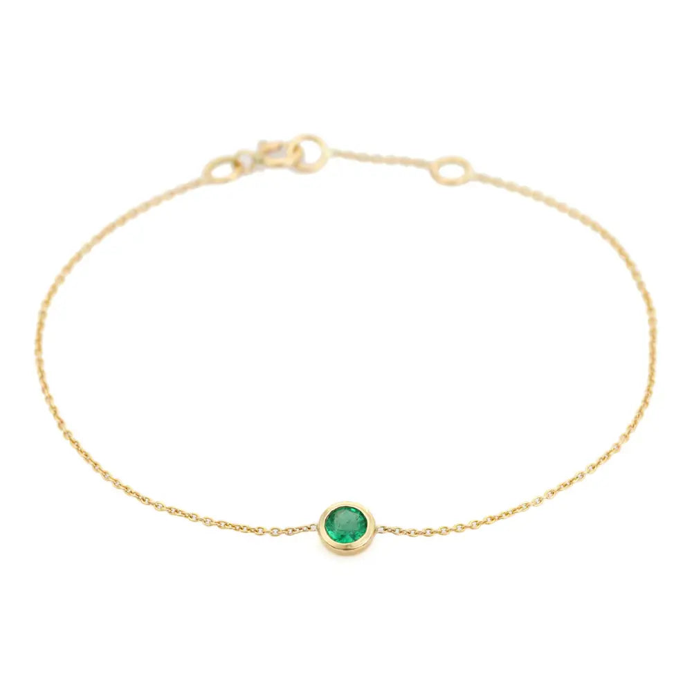K14 Yellow Solid Gold Minimalist Round Cut Emerald Single Stone Bracelet Stacking Jewelry