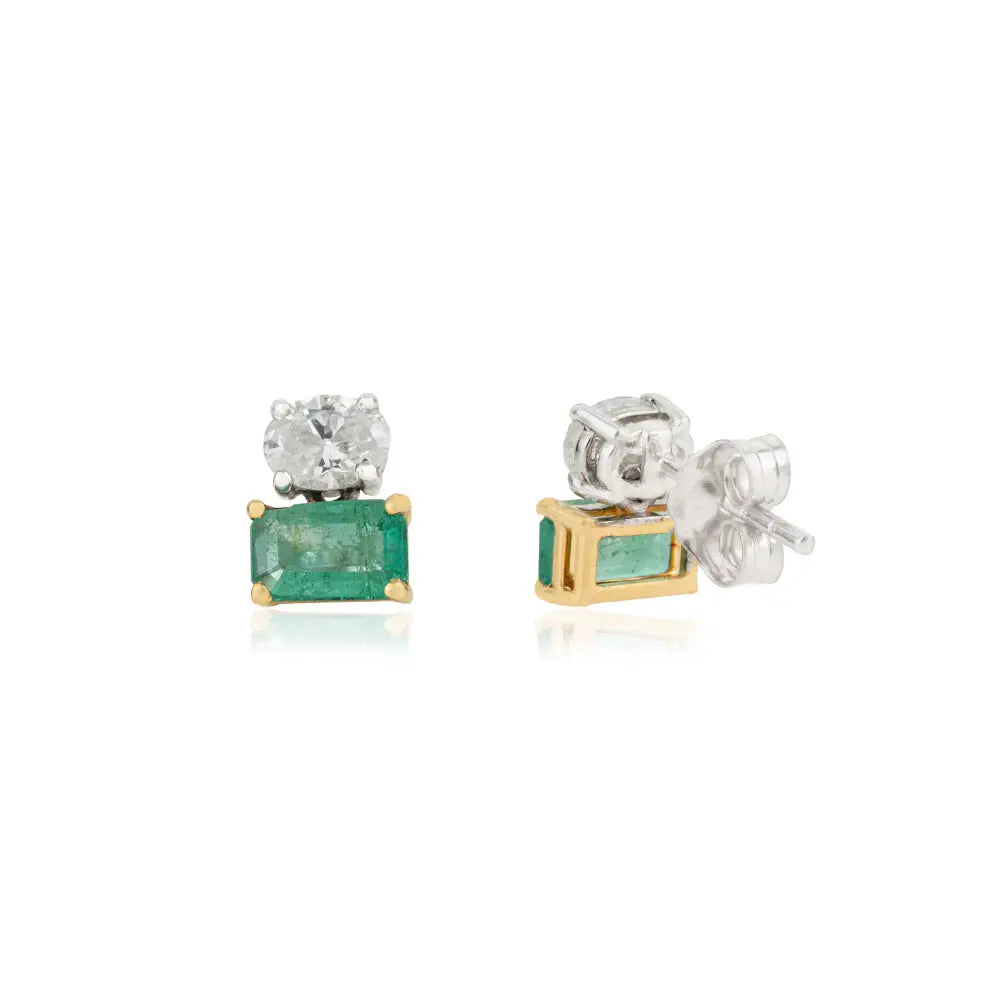 Prong Set Emerald & Diamond Minimal Stud Earrings Handmade 18K Two Tone Gold Jewelry