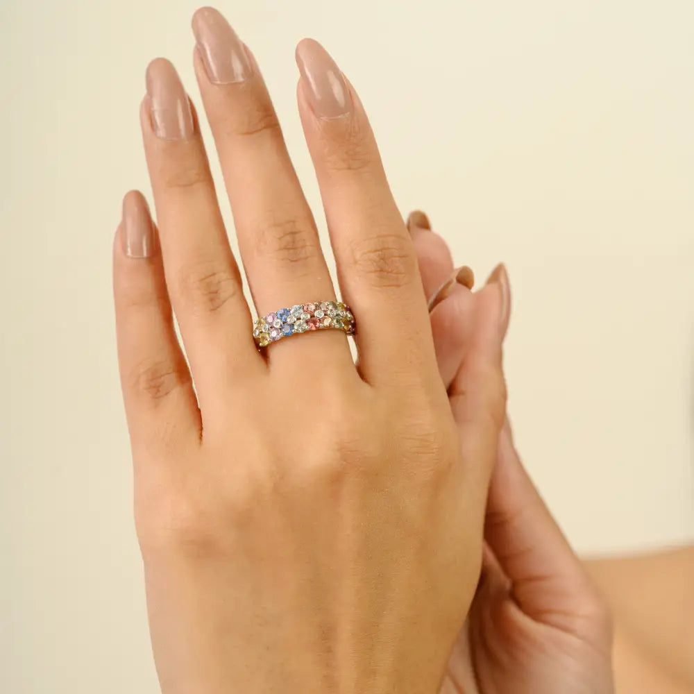 Colorful Gemstone Round Cut Multi Sapphire & Diamond 18K White Gold Half Eternity Band Ring