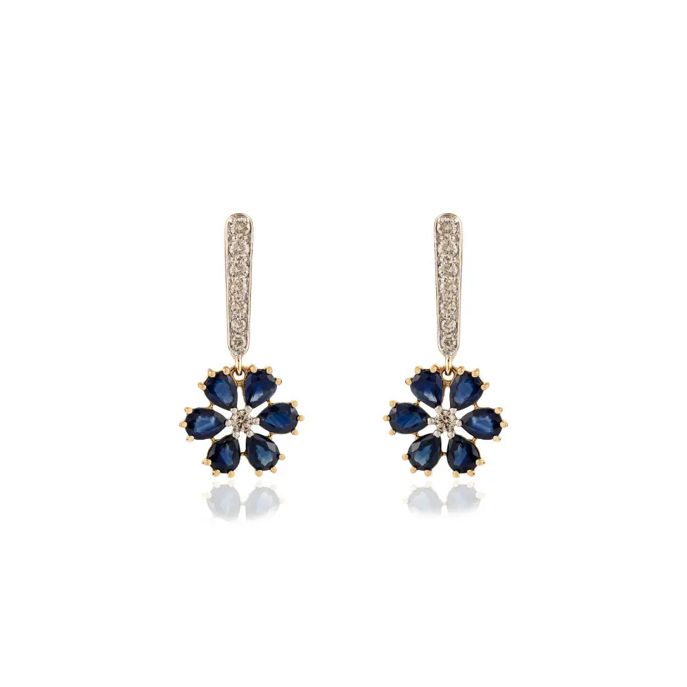 Flower Design Blue Sapphire & Diamond Drop Earrings Designer 18K Yellow Gold Fine Jewelry
