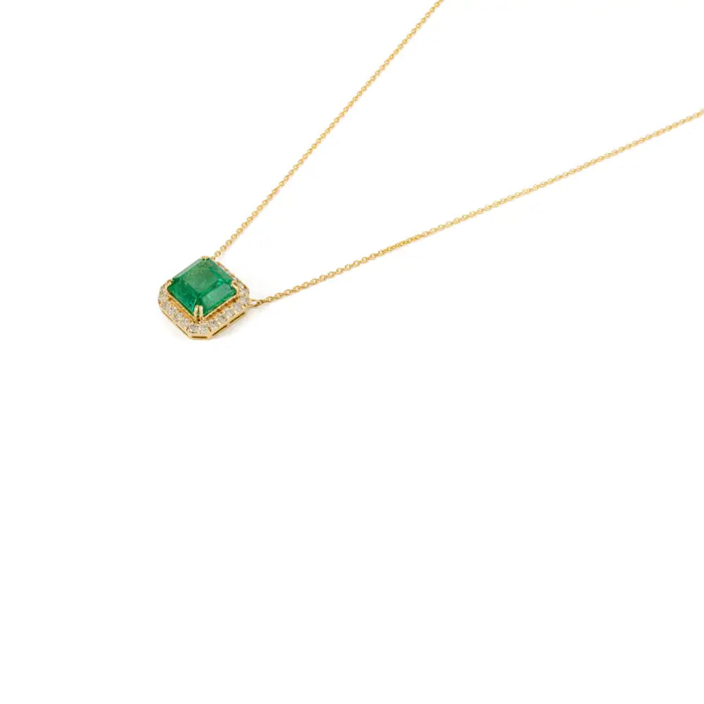 Prong Set Zambian Emerald & Diamond Fine Stacking Halo Pendant Necklace 14K Yellow Gold