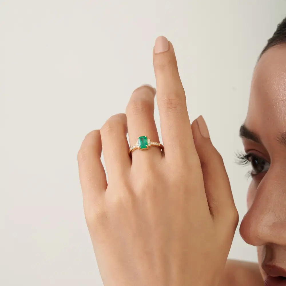 K14 Yellow Gold Handcrafted Emerald & Diamond Engagement Ring New Arrivals Jewelry