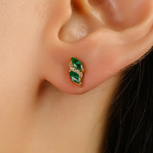 Delicate Simple Emerald & Diamond Minimal Stud Earrings 14K Solid Yellow Gold Jewelry Women