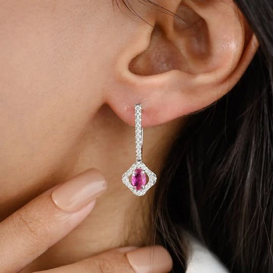 Women's 18K White Gold Ruby & Diamond Drop Earrings Fine Designer Wedding & Gift Products
