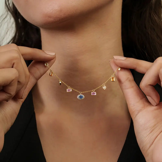 Colorful Gemstone Multi Sapphire & Diamond 14K Solid Yellow Gold Charm Chain Necklace