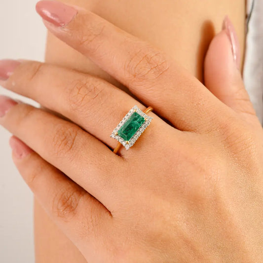 Horizontal Emerald & Diamond Halo Engagement Ring Solid K14 Yellow Gold Women Jewelry