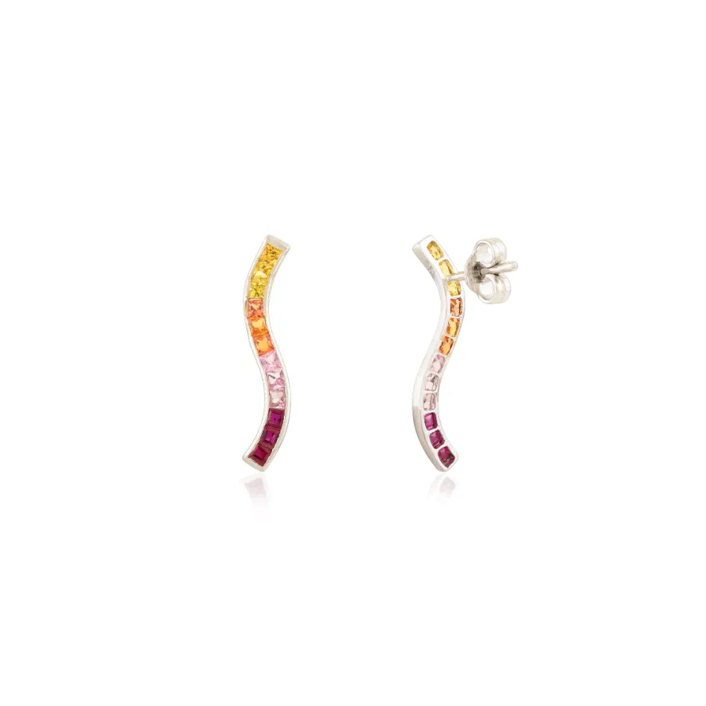 Latest Design Multi Sapphire & Ruby Wave Shape Dangle Earrings Real 14K White Gold
