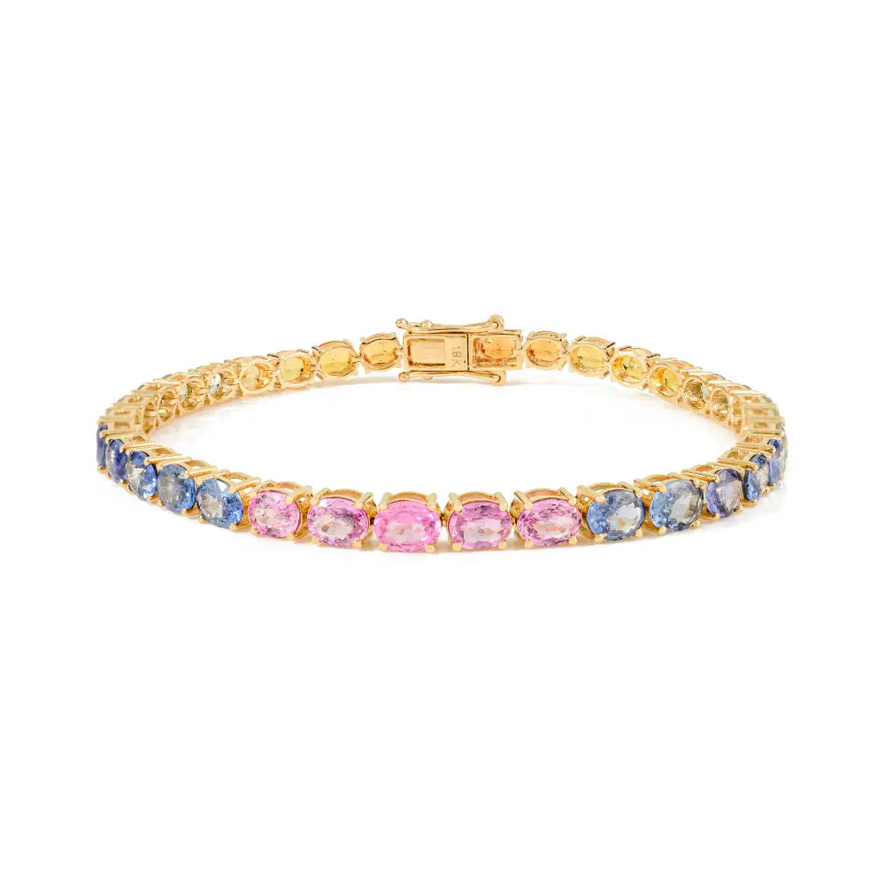 New Collection of Handmade Multi Sapphire Gemstone Tennis Bracelet Real 18K Yellow Gold
