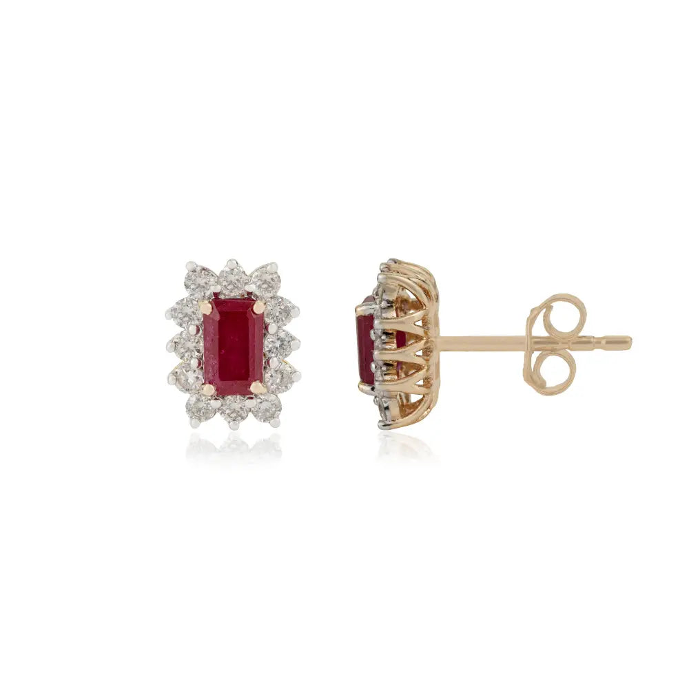July Birthstone Ruby & Diamond Fine 14K Yellow Gold Small Cluster Stud Earrings Gift For Her
