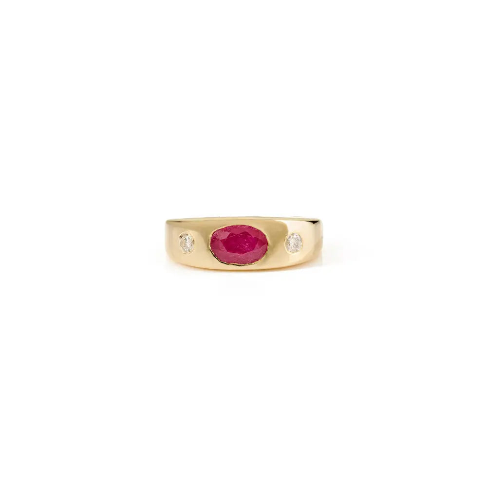 Gypsy Set Ruby Gemstone & Diamond Chunky Signet Ring Gift For Women 14K Yellow Gold
