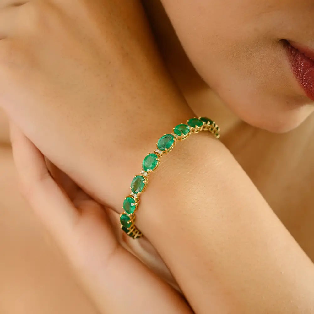 18K Pure Yellow Gold May Birthstone Zambian Emerald & Diamond Tennis Bracelet For Unisex