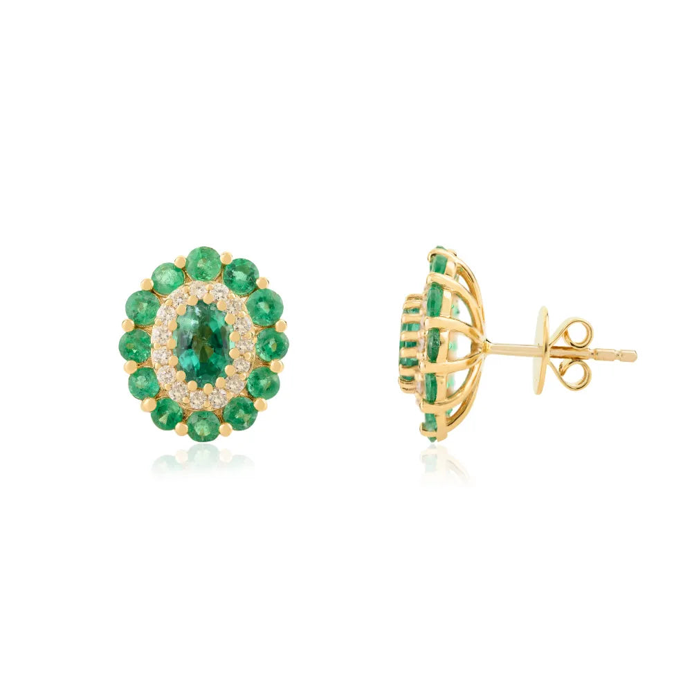 Hot Selling Real K14 Yellow Gold Emerald & Diamond Halo Stud Earrings Custom Gemstone Jewelry