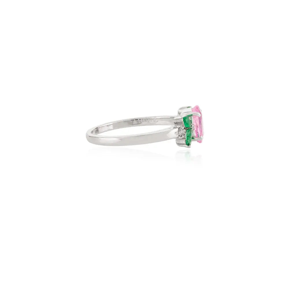 Emerald, Pink Sapphire & Diamond 14K Solid White Gold Ring Birthstone Jewelry