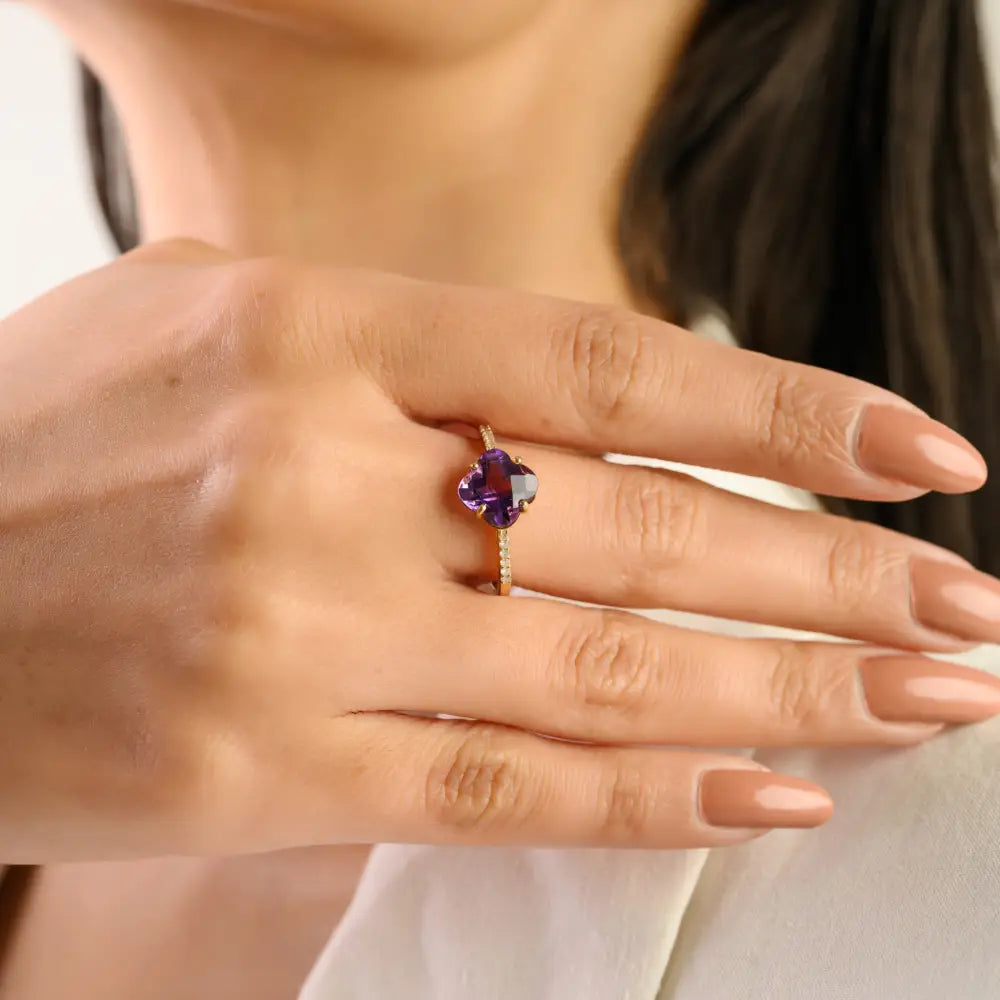 Clover Shape Amethyst & Round Cut Diamond Stackable Ring Latest 14K Yellow Gold Jewelry