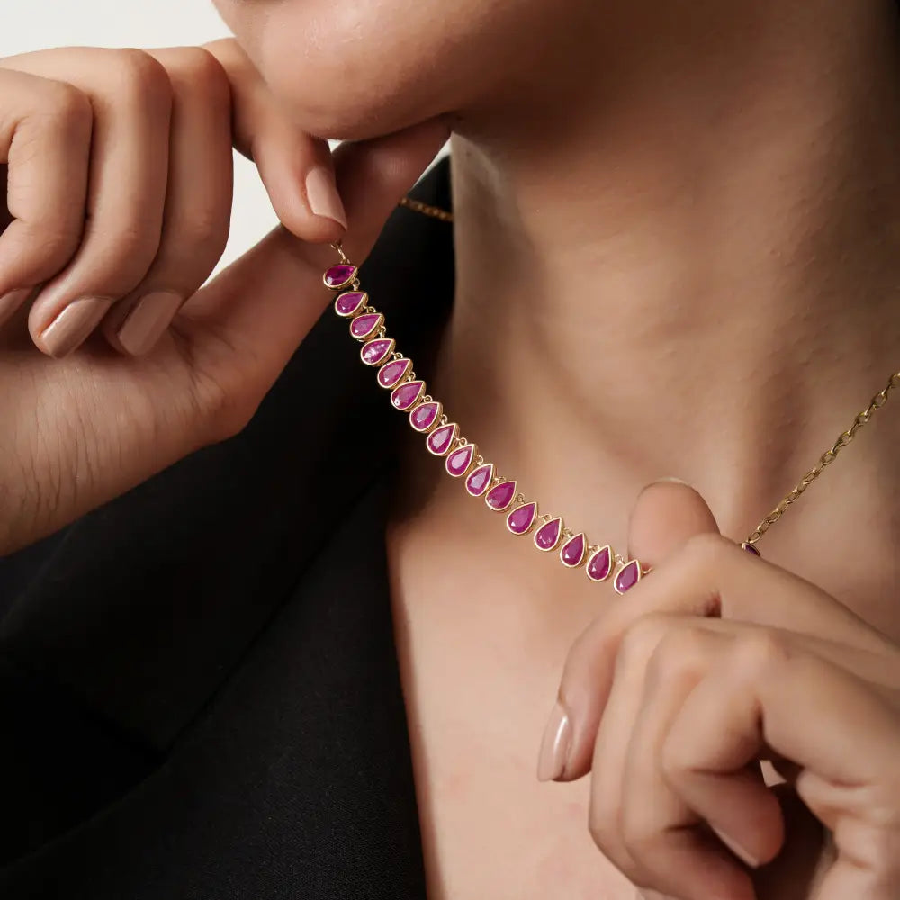 July Birthstone Genuine Ruby Paperclip Chain Half Tennis Necklace 14K Solid Yellow Gold Jewelry