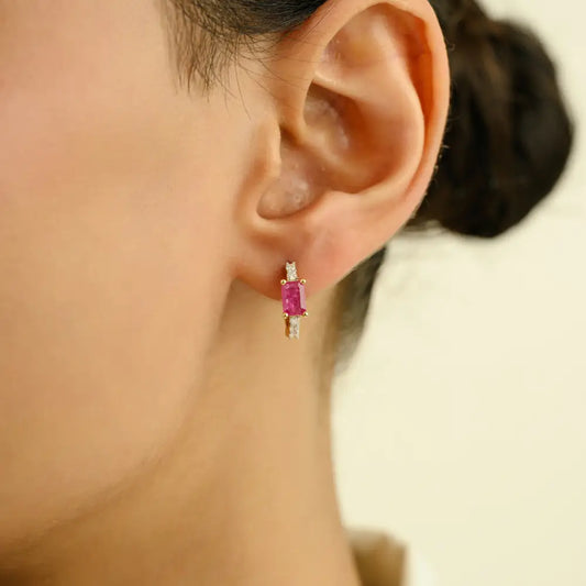 July Birthstone Ruby & Diamond 18K Yellow Gold Minimal Hoop Earrings Valentine Gift