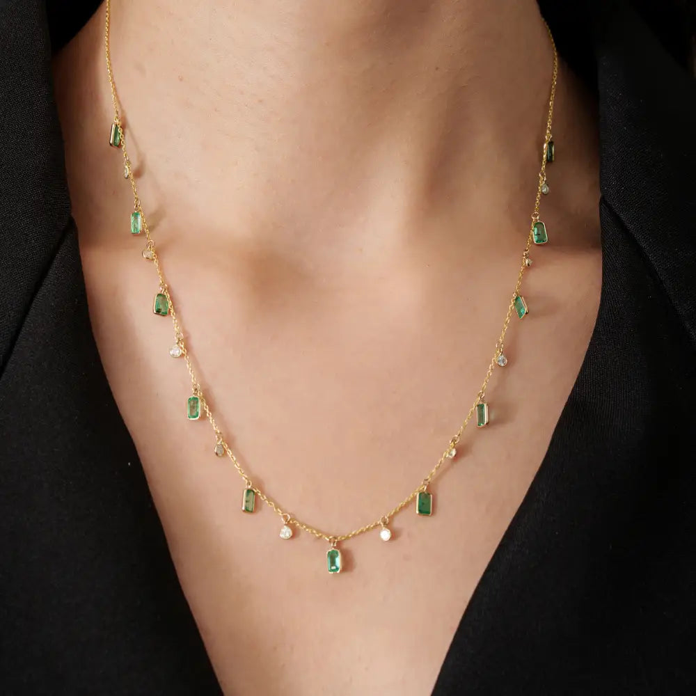Beautiful Design 14K Pure Yellow Gold Emerald & Diamond Charm Chain Necklace For Women
